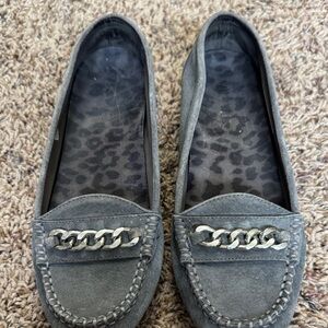 Women's Gray Suede Chain-Accent Loafers